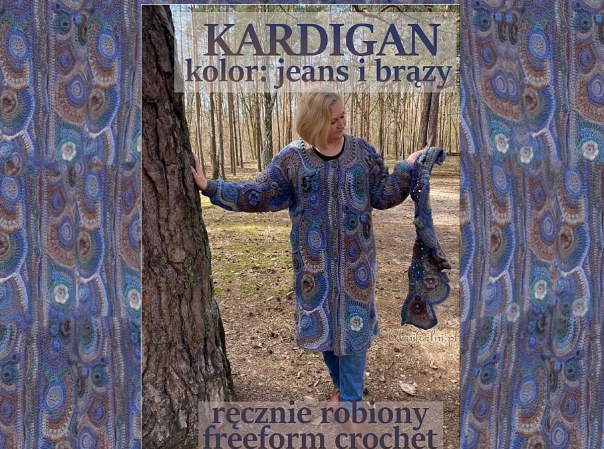 Kardigan freeform crochet rcznie robiony. Kolory jeans i brzy  