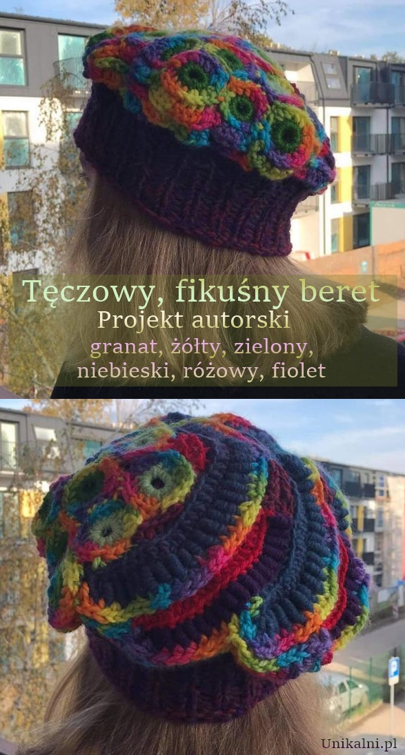 teczowy beret czapka kolorowa recznie robiona unikalni pl