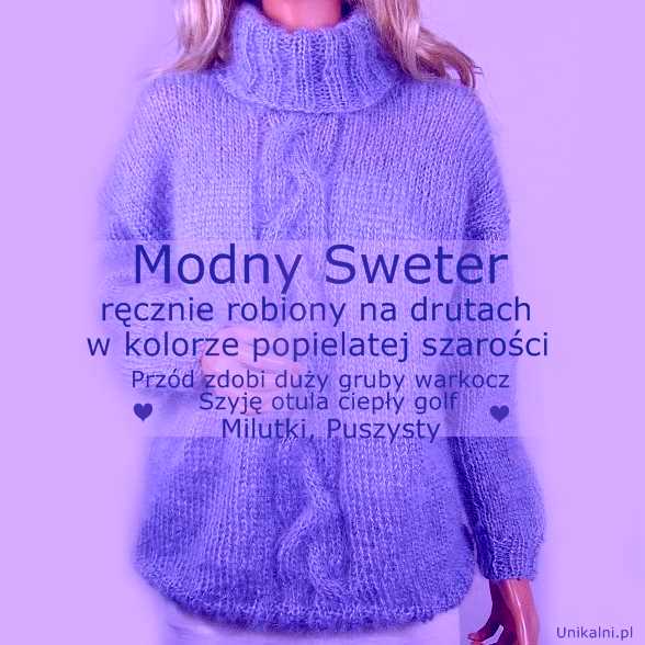 sweter golf modny na drutach fiolet polski